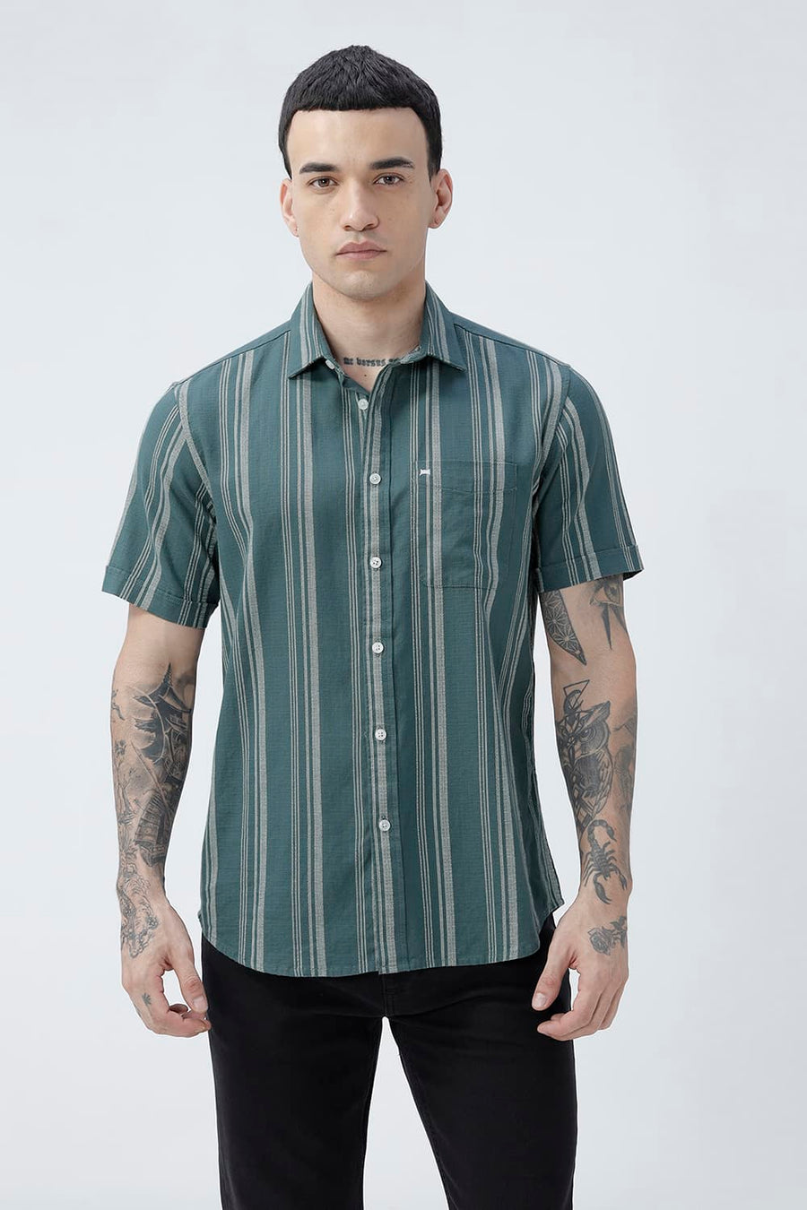 BASICS SLIM FIT TEAL SEA COTTON HOPSACK STRIPE HALFSLEEVES SHIRT