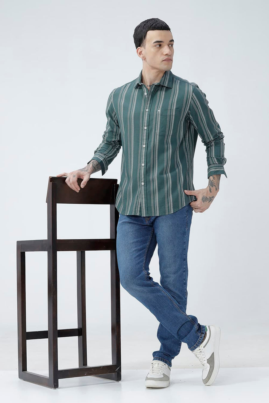 BASICS SLIM FIT TEAL SEA COTTON HOPSACK STRIPE SHIRT