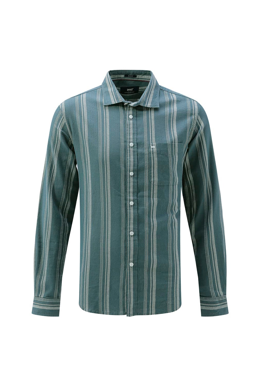 BASICS SLIM FIT TEAL SEA COTTON HOPSACK STRIPE SHIRT