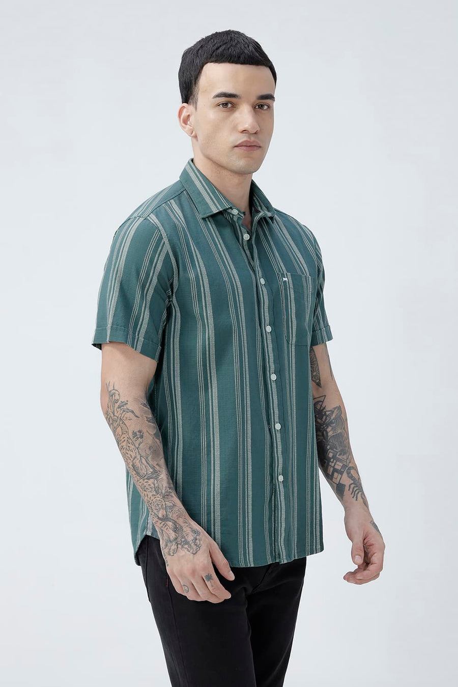 BASICS SLIM FIT TEAL SEA COTTON HOPSACK STRIPE HALFSLEEVES SHIRT