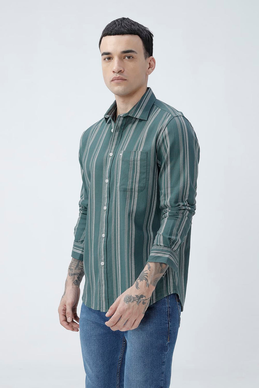 BASICS SLIM FIT TEAL SEA COTTON HOPSACK STRIPE SHIRT