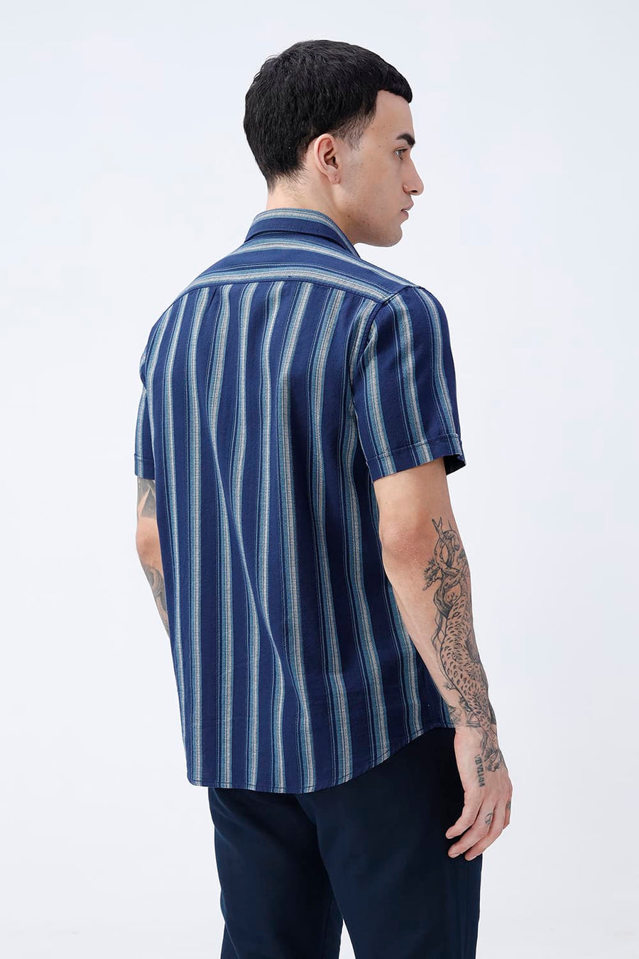 BASICS SLIM FIT  COTTON HOPSACK STRIPE HALFSLEEVES SHIRT