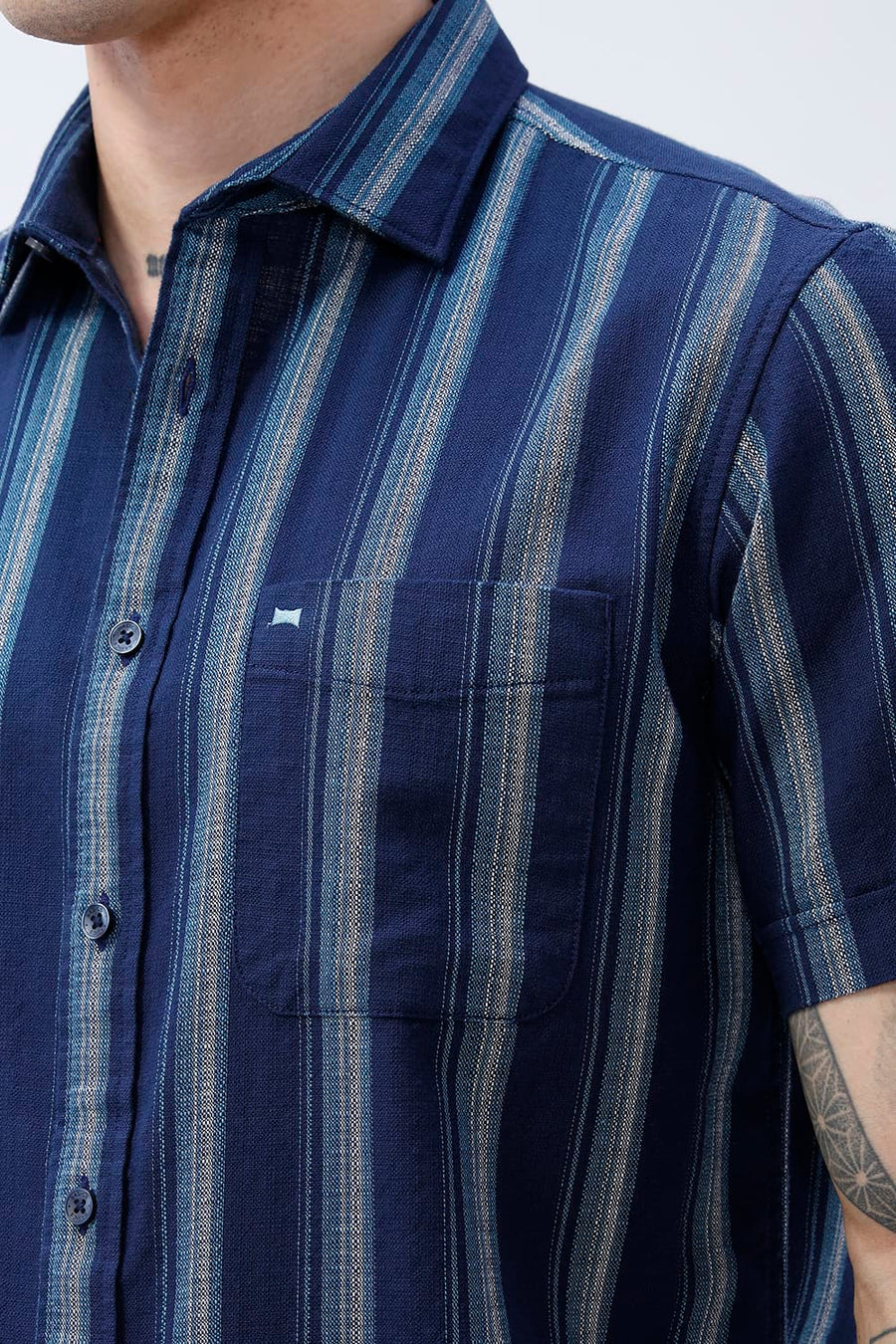 BASICS SLIM FIT  COTTON HOPSACK STRIPE HALFSLEEVES SHIRT
