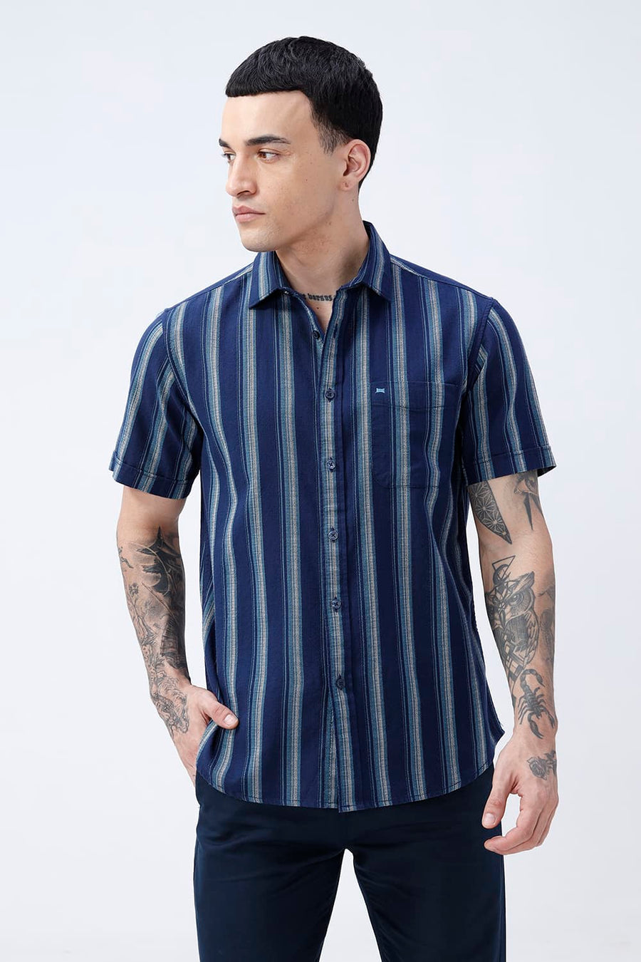 BASICS SLIM FIT  COTTON HOPSACK STRIPE HALFSLEEVES SHIRT