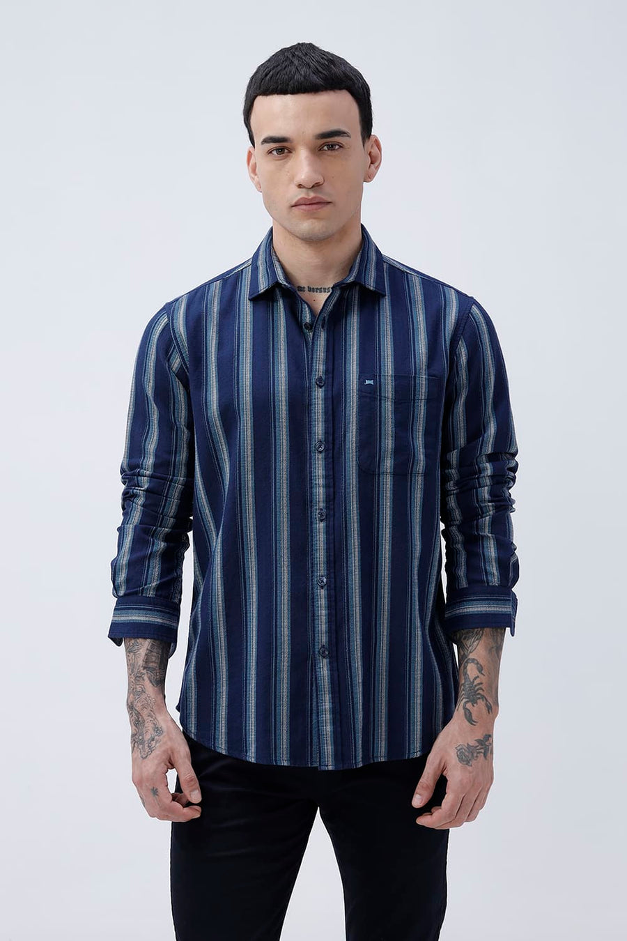 BASICS SLIM FIT  COTTON HOPSACK STRIPE SHIRT