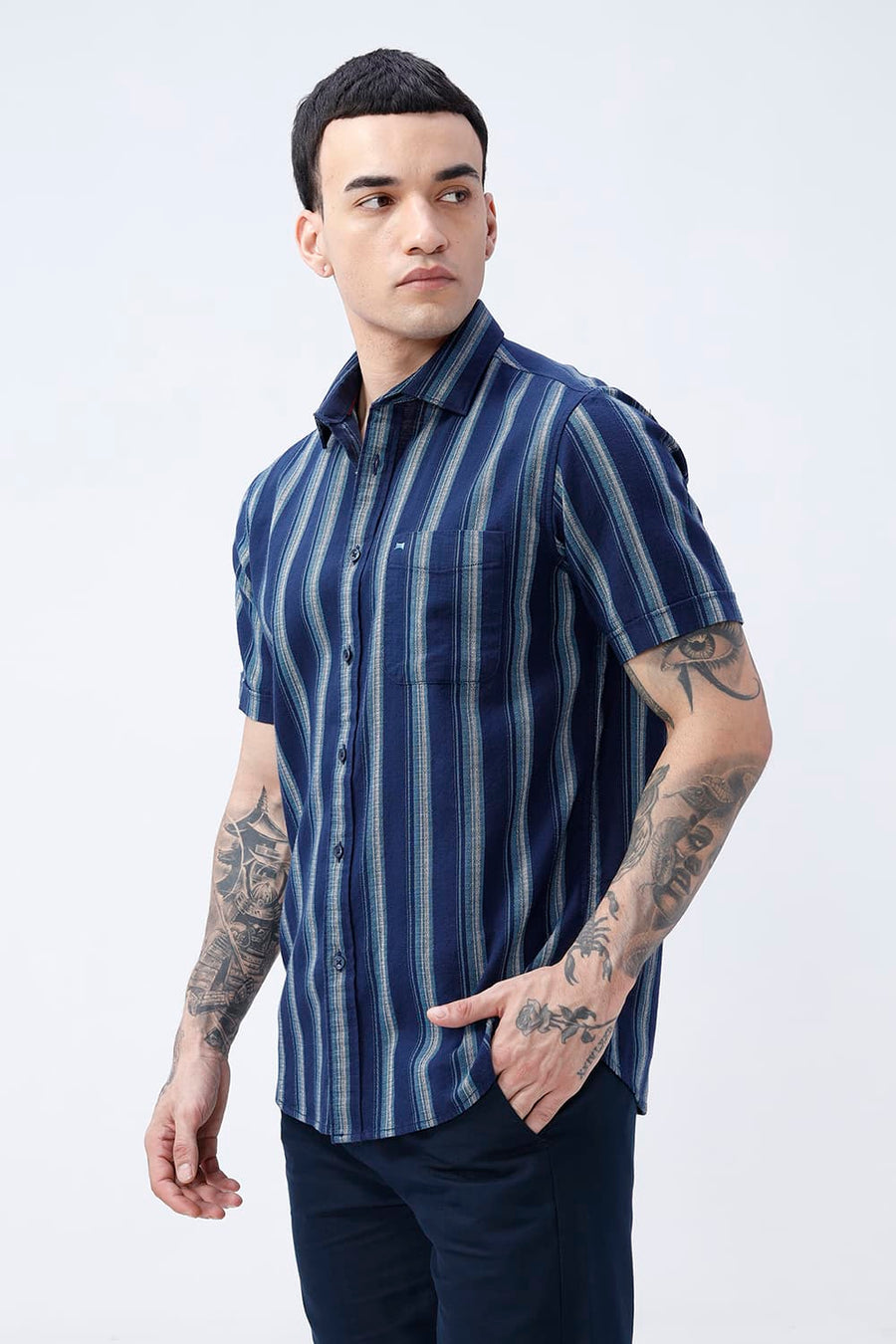 BASICS SLIM FIT  COTTON HOPSACK STRIPE HALFSLEEVES SHIRT