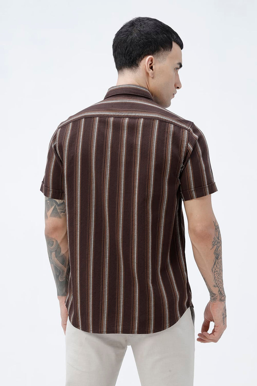BASICS SLIM FIT  COTTON HOPSACK STRIPE HALFSLEEVES SHIRT
