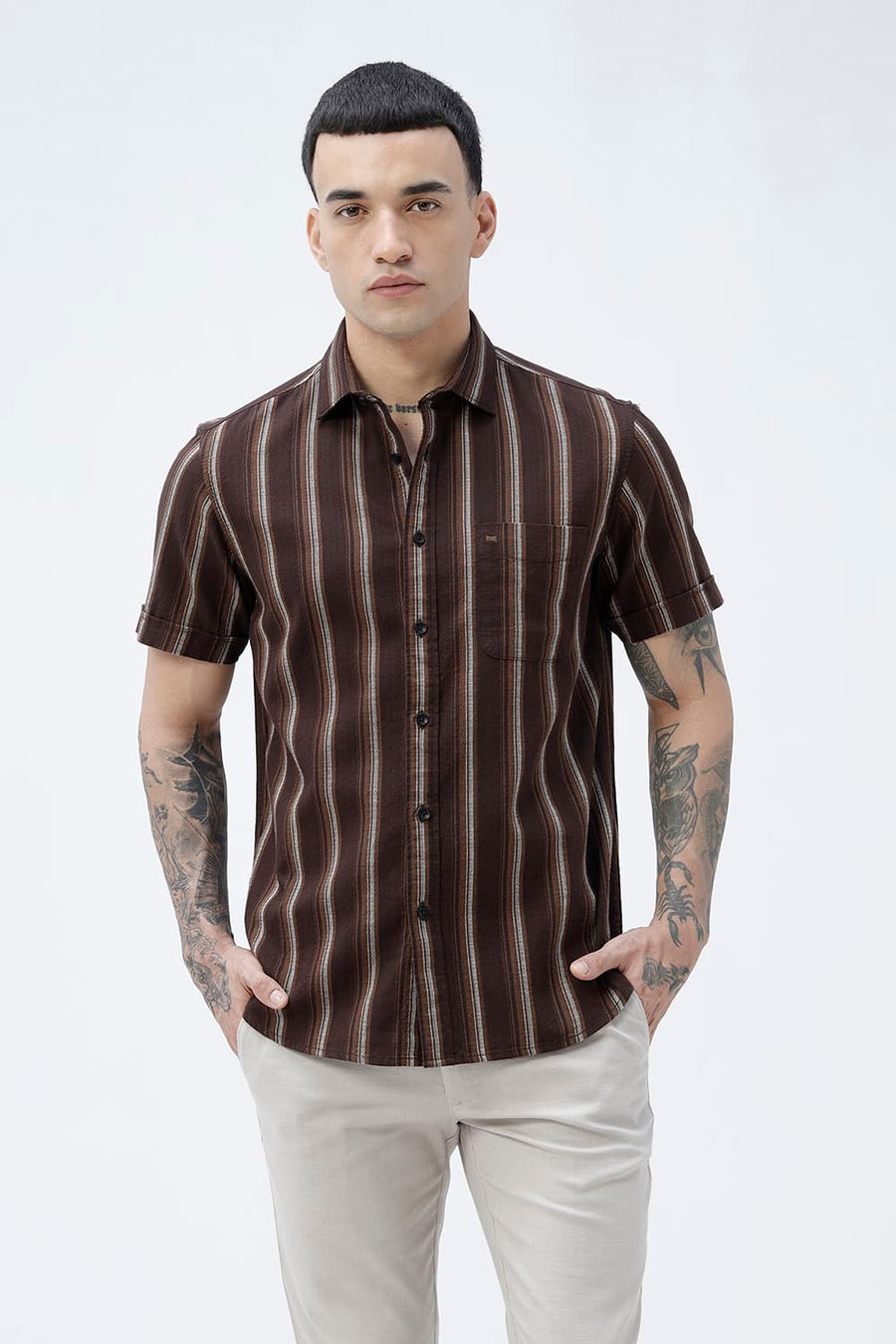 BASICS SLIM FIT  COTTON HOPSACK STRIPE HALFSLEEVES SHIRT