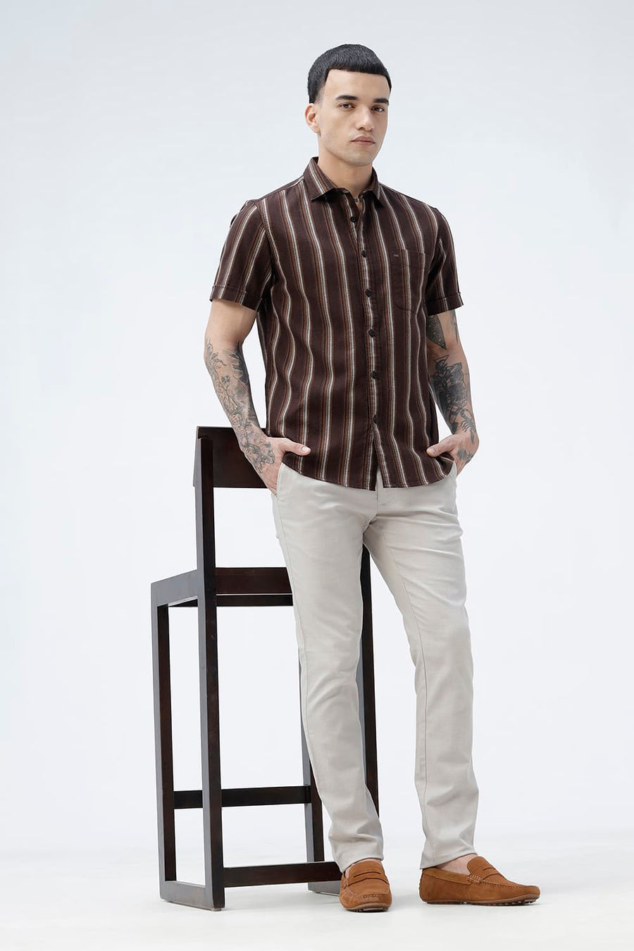 BASICS SLIM FIT  COTTON HOPSACK STRIPE HALFSLEEVES SHIRT