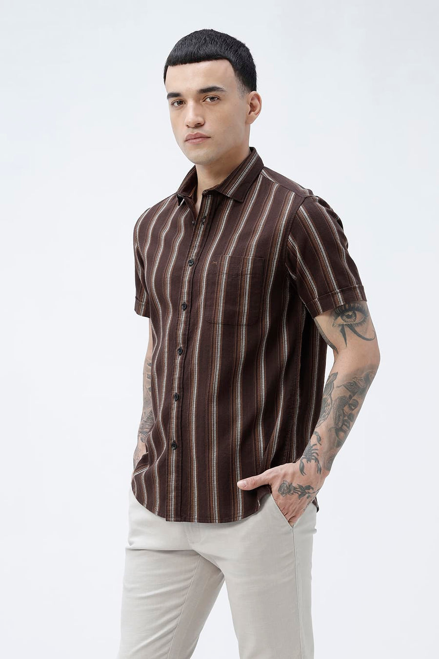 BASICS SLIM FIT  COTTON HOPSACK STRIPE HALFSLEEVES SHIRT