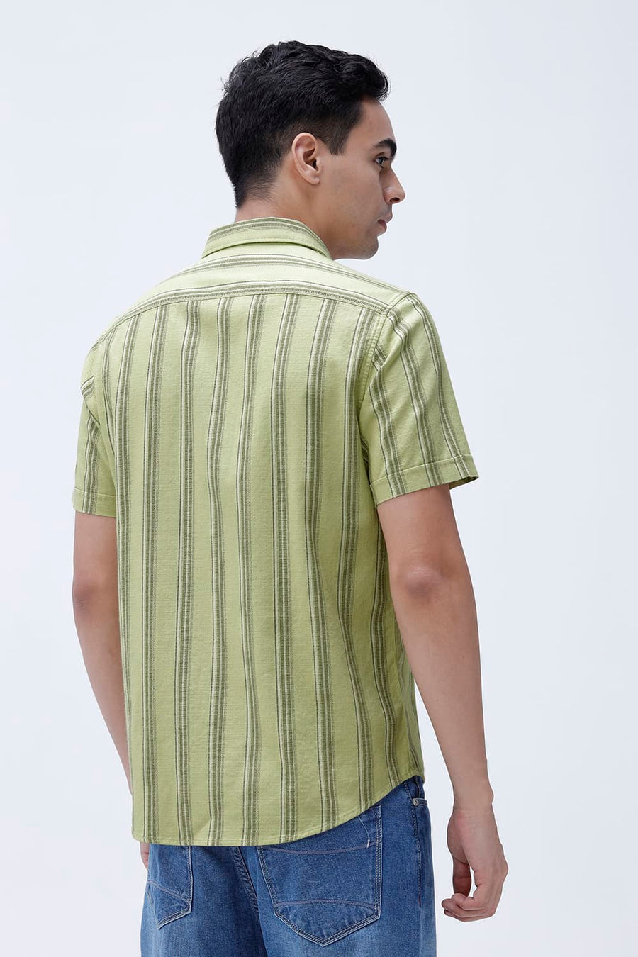 BASICS SLIM FIT  COTTON HOPSACK STRIPE HALFSLEEVES SHIRT