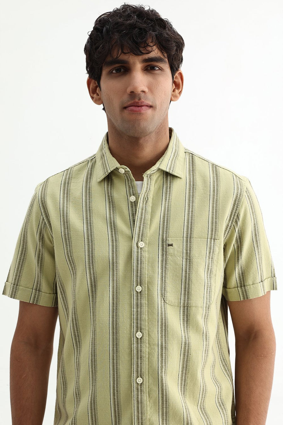 BASICS SLIM FIT  COTTON HOPSACK STRIPE HALFSLEEVES SHIRT