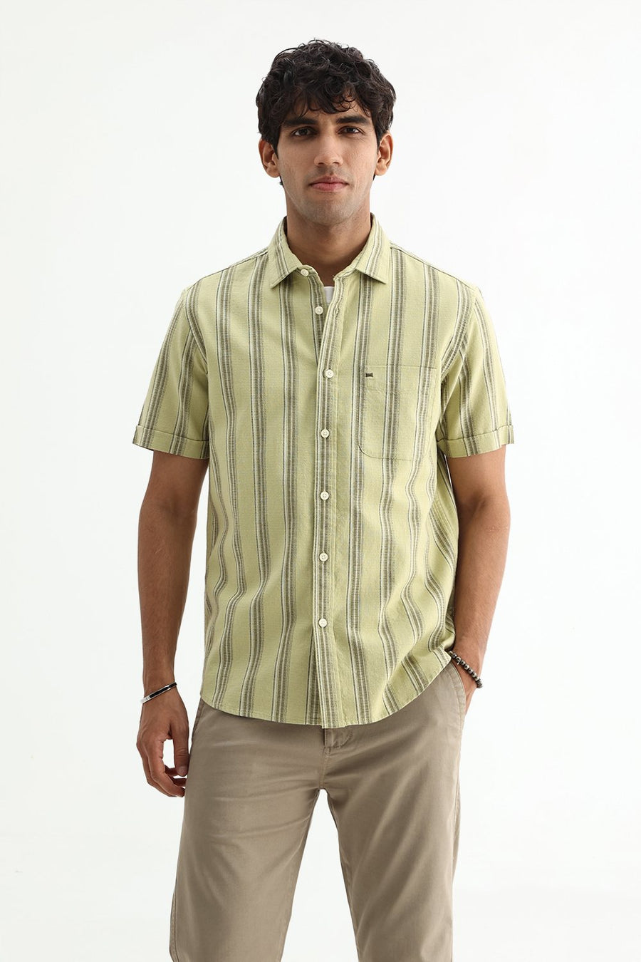 BASICS SLIM FIT  COTTON HOPSACK STRIPE HALFSLEEVES SHIRT