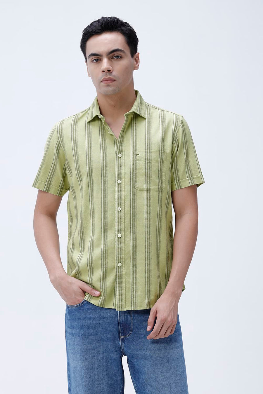 BASICS SLIM FIT  COTTON HOPSACK STRIPE HALFSLEEVES SHIRT