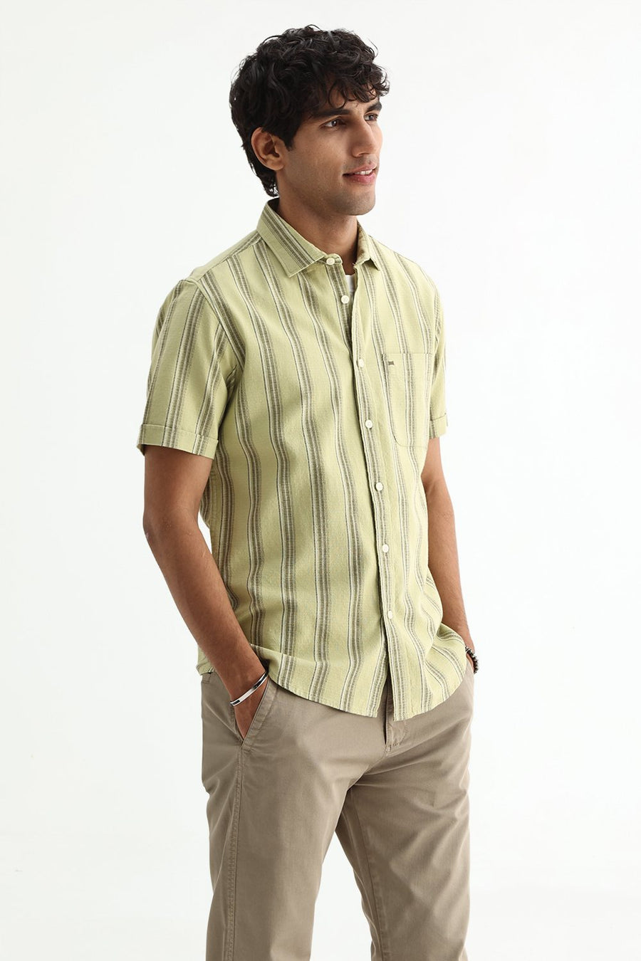 BASICS SLIM FIT  COTTON HOPSACK STRIPE HALFSLEEVES SHIRT