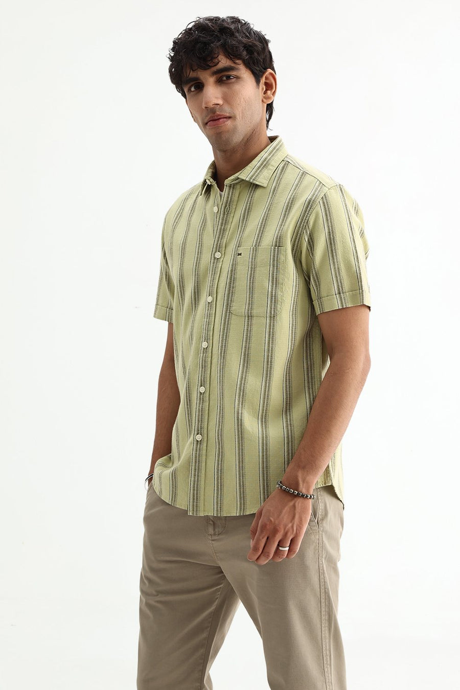 BASICS SLIM FIT  COTTON HOPSACK STRIPE HALFSLEEVES SHIRT