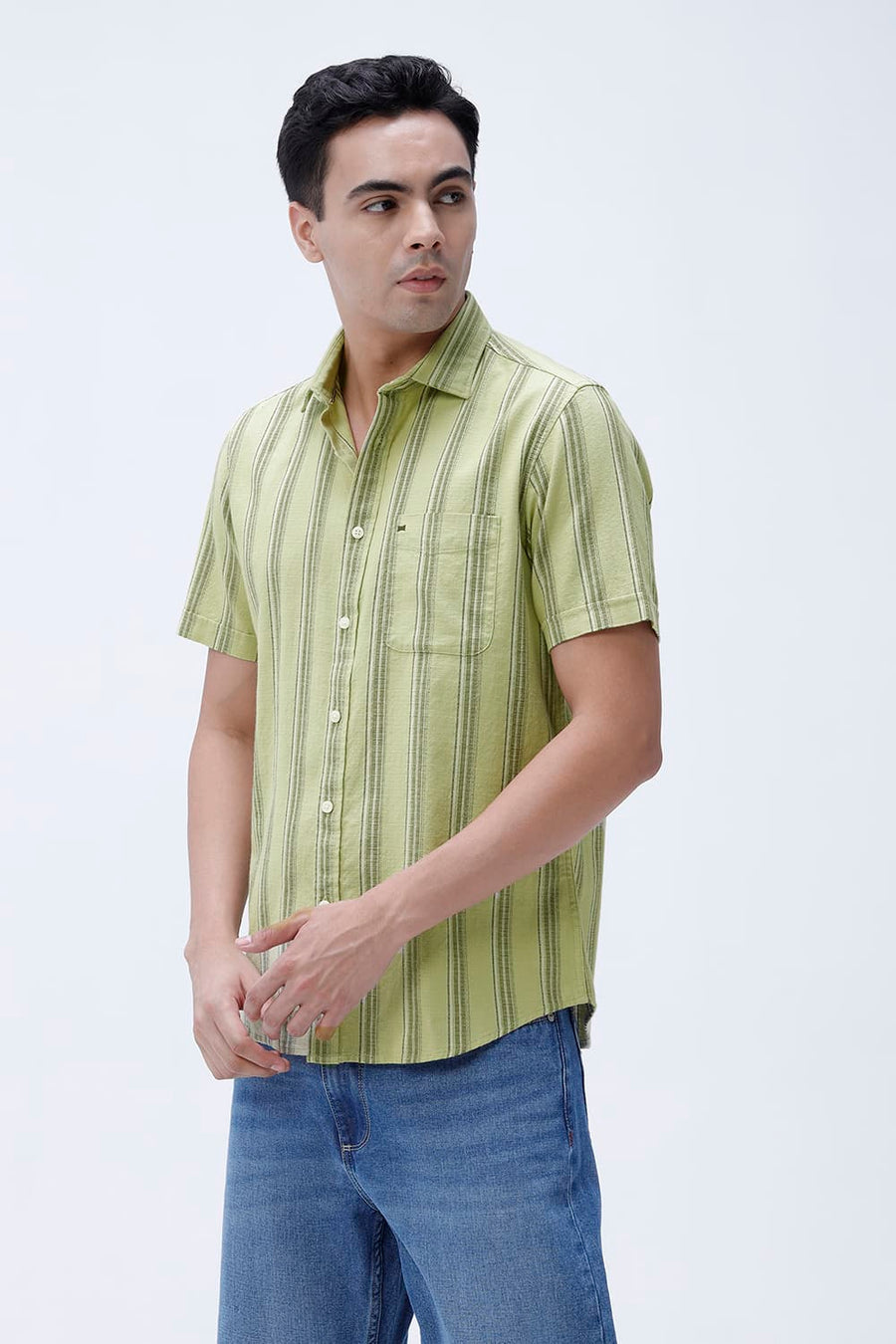 BASICS SLIM FIT  COTTON HOPSACK STRIPE HALFSLEEVES SHIRT