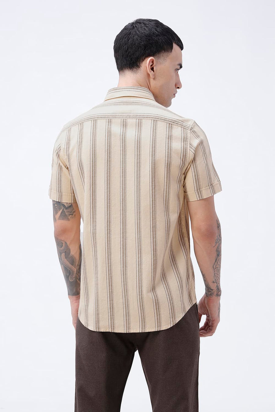 BASICS SLIM FIT  COTTON HOPSACK STRIPE HALFSLEEVES SHIRT