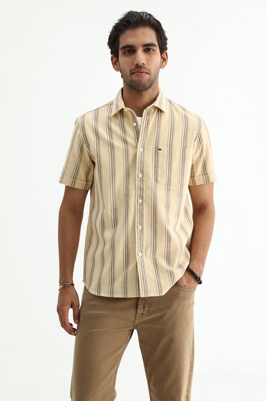 BASICS SLIM FIT  COTTON HOPSACK STRIPE SHIRT