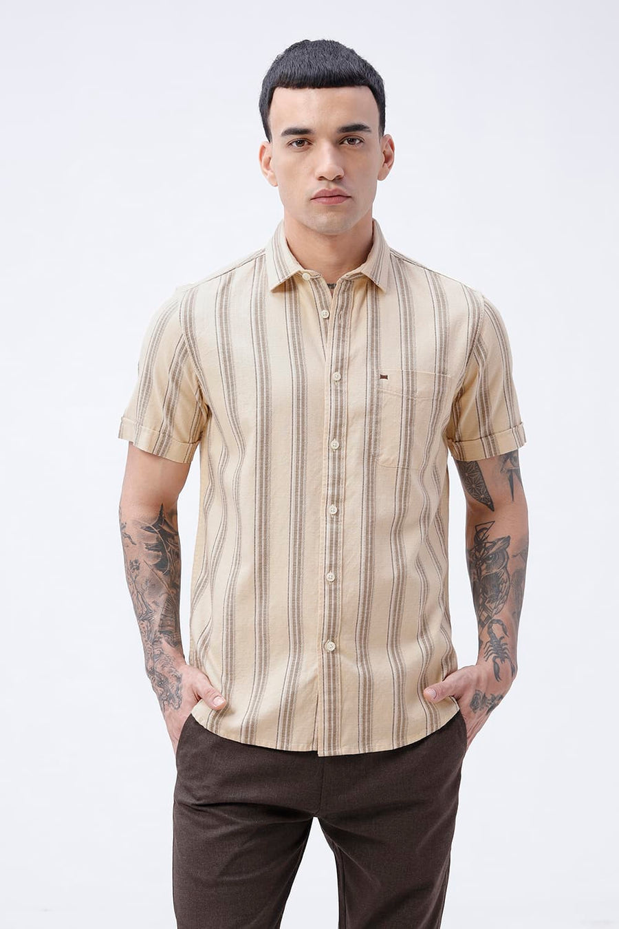 BASICS SLIM FIT  COTTON HOPSACK STRIPE HALFSLEEVES SHIRT