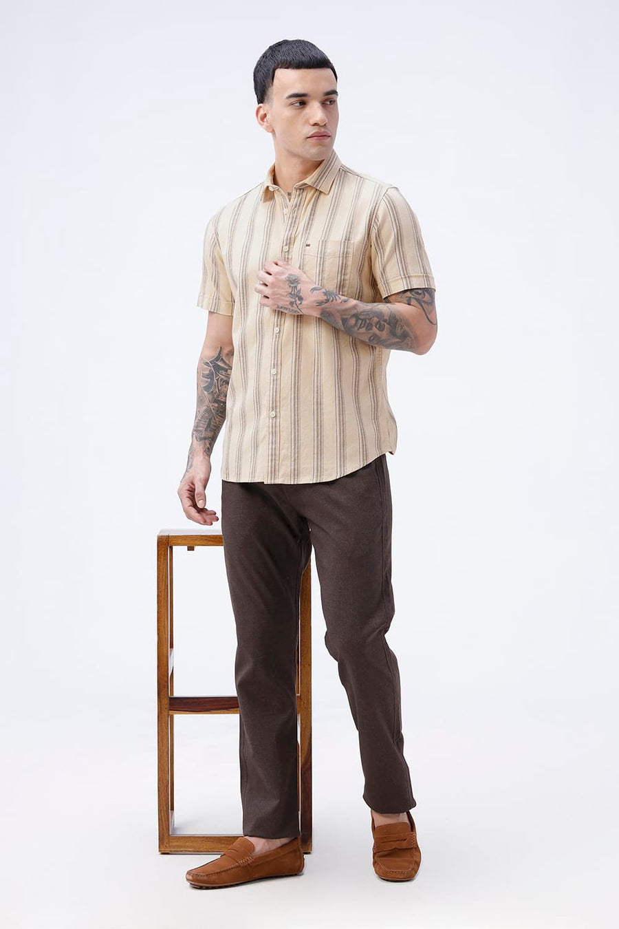 BASICS SLIM FIT  COTTON HOPSACK STRIPE HALFSLEEVES SHIRT