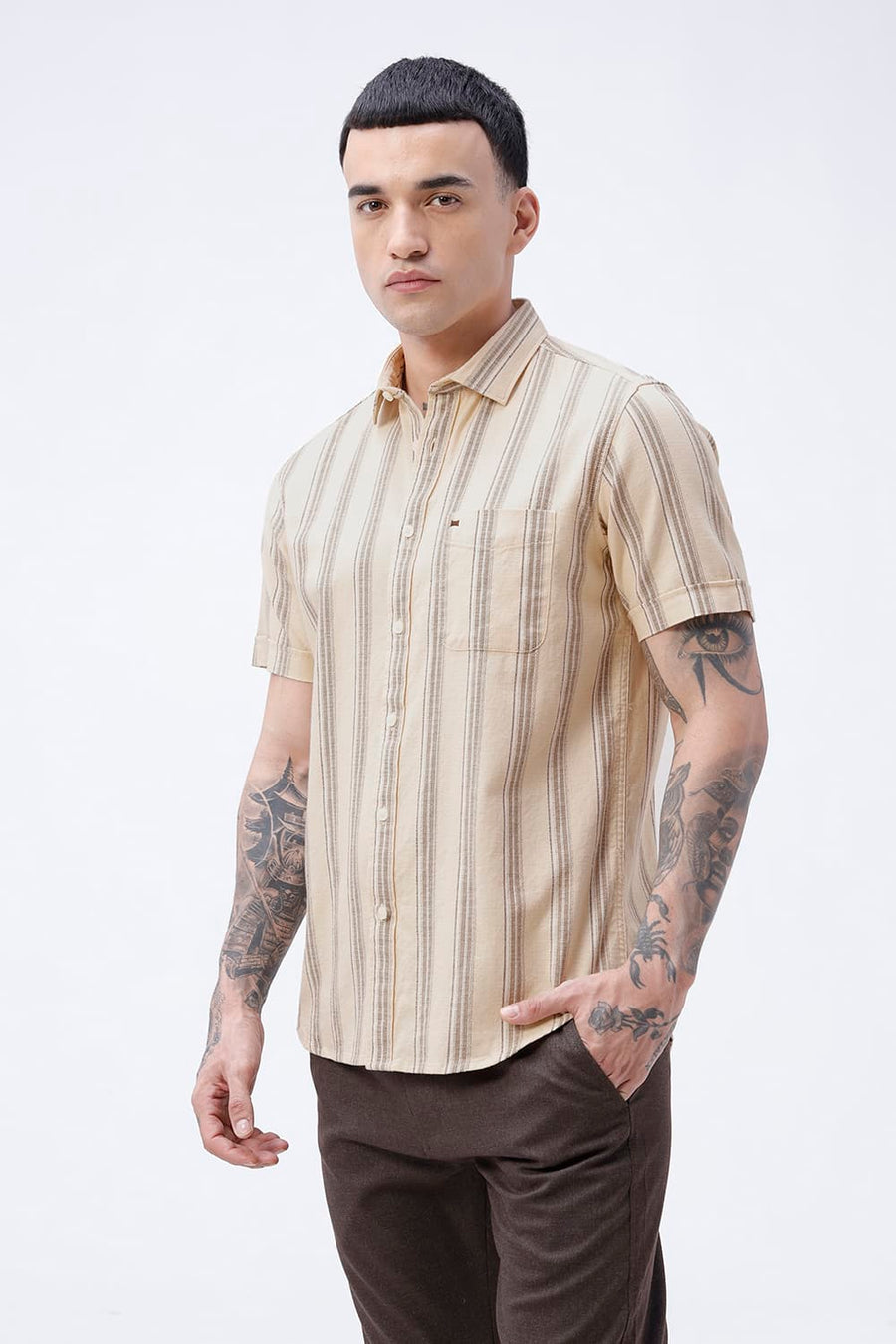 BASICS SLIM FIT  COTTON HOPSACK STRIPE HALFSLEEVES SHIRT