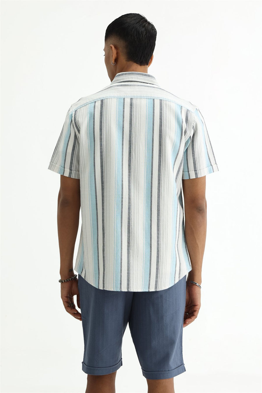 BASICS SLIM FIT  COTTON HOPSACK STRIPE HALFSLEEVES SHIRT