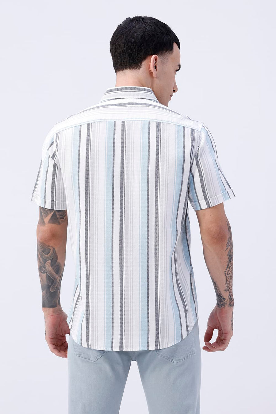 BASICS SLIM FIT  COTTON HOPSACK STRIPE HALFSLEEVES SHIRT