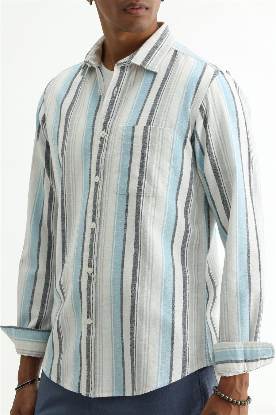 BASICS SLIM FIT  COTTON HOPSACK STRIPE SHIRT