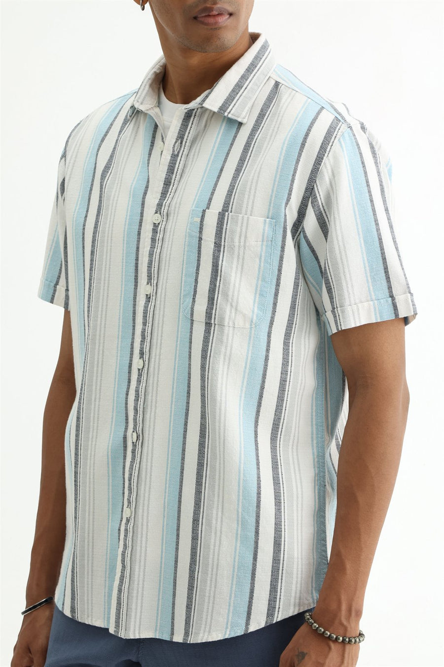 BASICS SLIM FIT  COTTON HOPSACK STRIPE HALFSLEEVES SHIRT