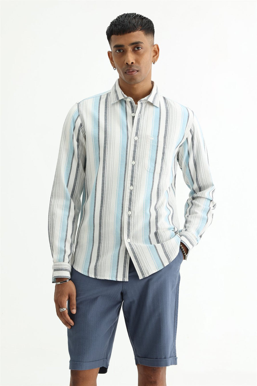BASICS SLIM FIT  COTTON HOPSACK STRIPE SHIRT