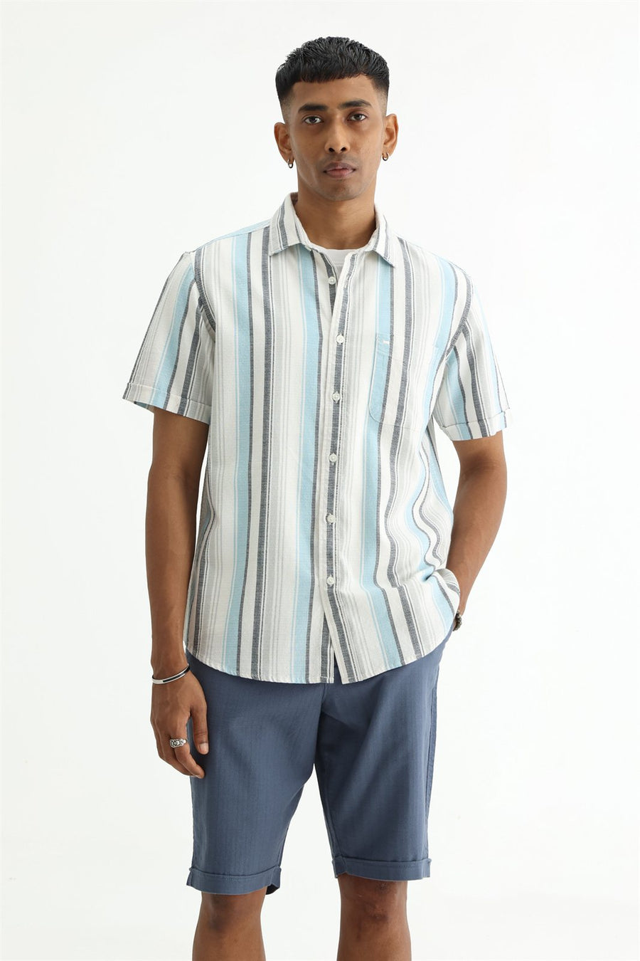 BASICS SLIM FIT  COTTON HOPSACK STRIPE HALFSLEEVES SHIRT