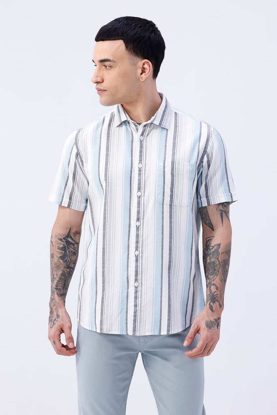 BASICS SLIM FIT  COTTON HOPSACK STRIPE HALFSLEEVES SHIRT