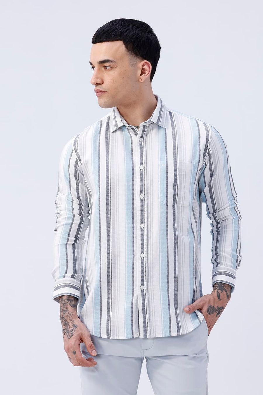 BASICS SLIM FIT  COTTON HOPSACK STRIPE SHIRT