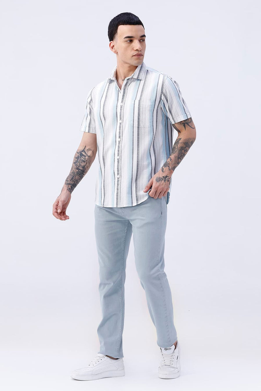 BASICS SLIM FIT  COTTON HOPSACK STRIPE HALFSLEEVES SHIRT