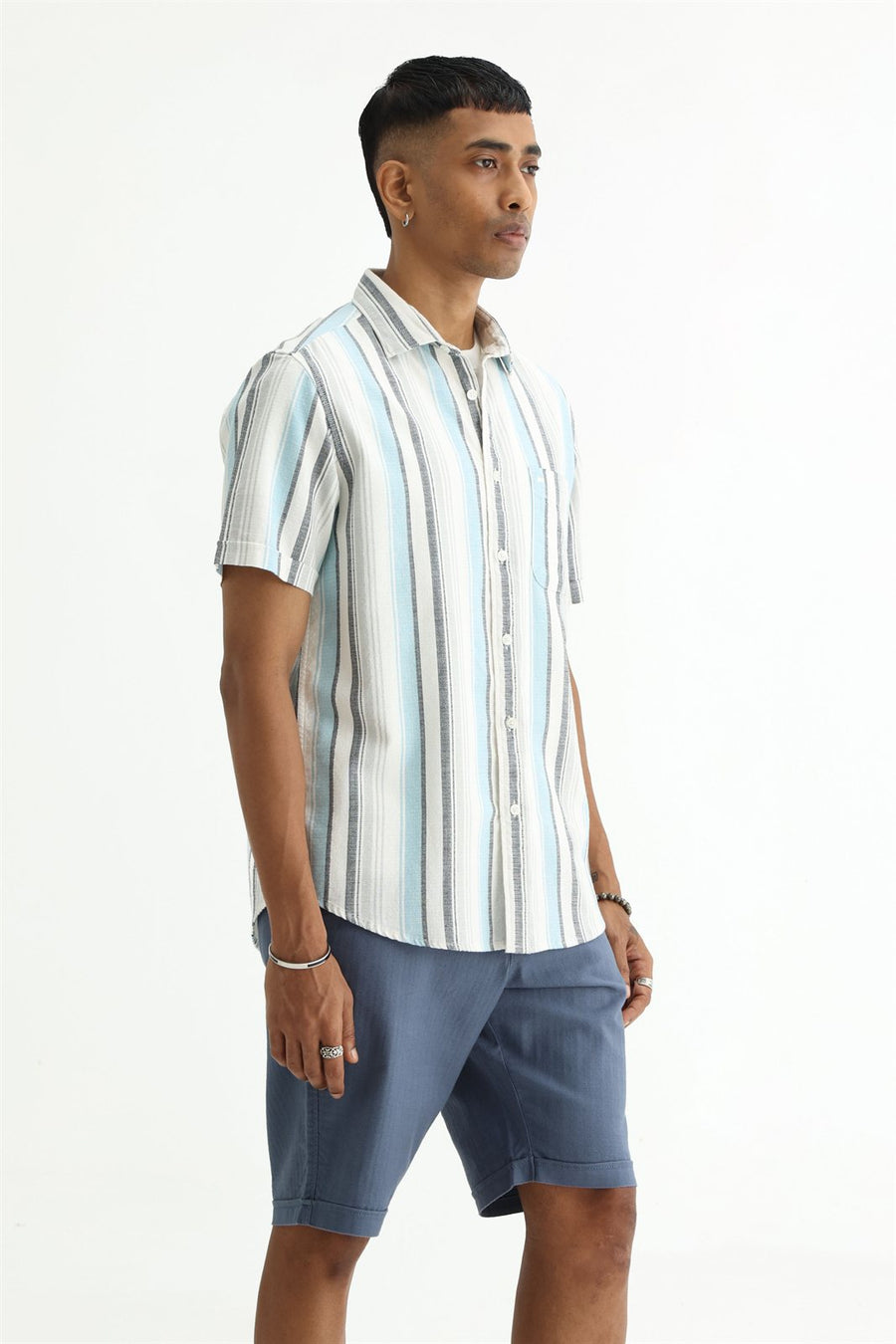 BASICS SLIM FIT  COTTON HOPSACK STRIPE HALFSLEEVES SHIRT