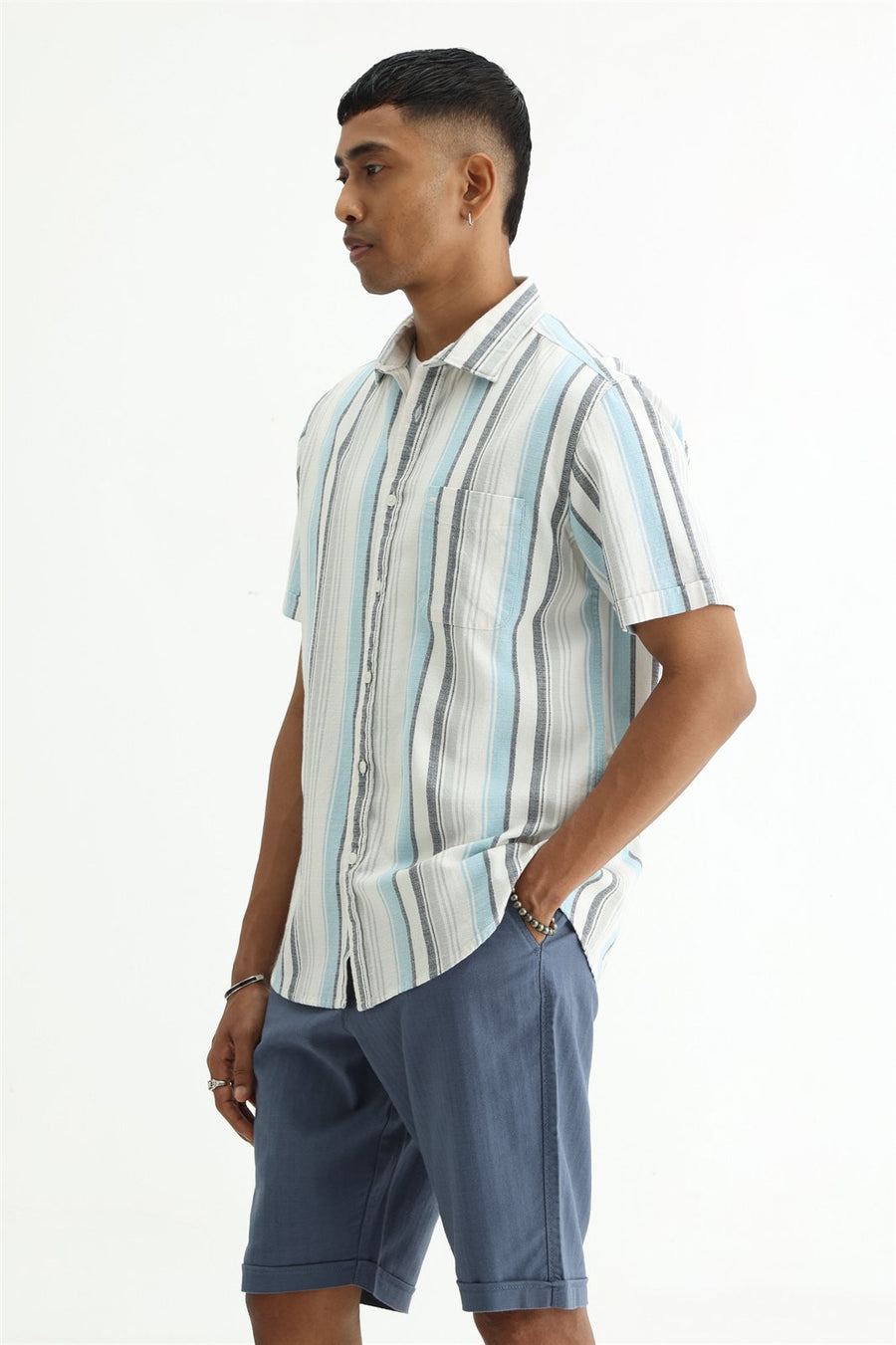BASICS SLIM FIT  COTTON HOPSACK STRIPE HALFSLEEVES SHIRT