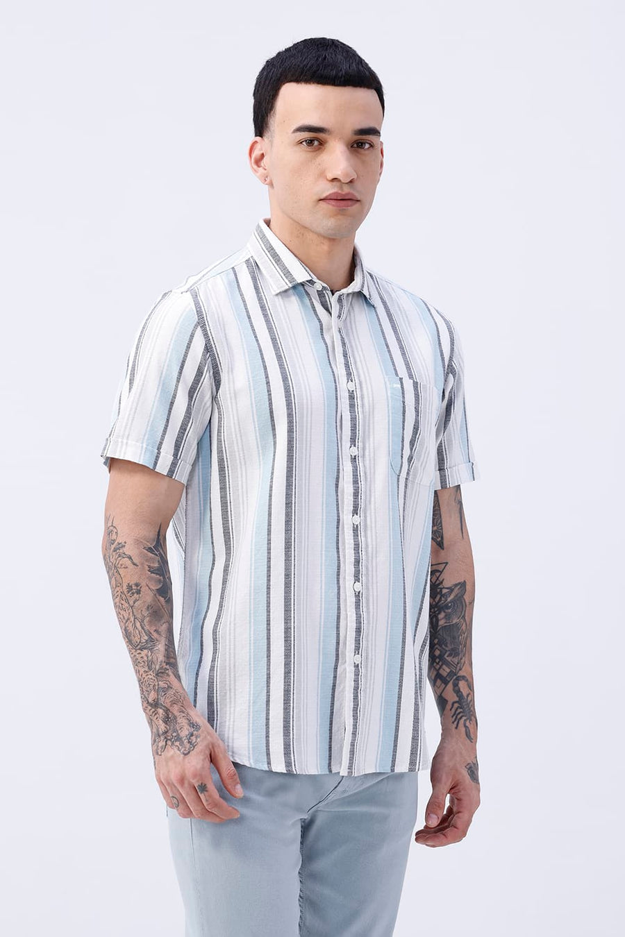 BASICS SLIM FIT  COTTON HOPSACK STRIPE HALFSLEEVES SHIRT
