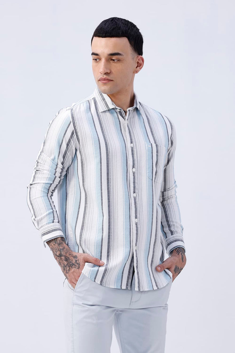BASICS SLIM FIT  COTTON HOPSACK STRIPE SHIRT
