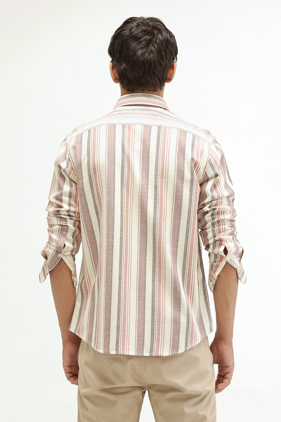 BASICS SLIM FIT BEIGE SAND COTTON HOPSACK STRIPE SHIRT