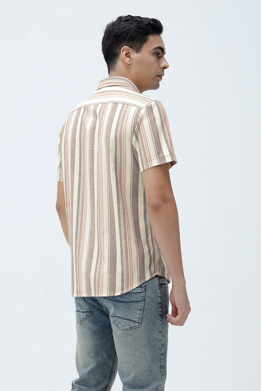 BASICS SLIM FIT BEIGE SAND COTTON HOPSACK STRIPE HALFSLEEVES SHIRT