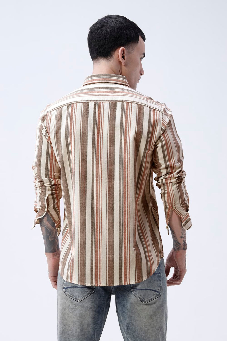 BASICS SLIM FIT BEIGE SAND COTTON HOPSACK STRIPE SHIRT
