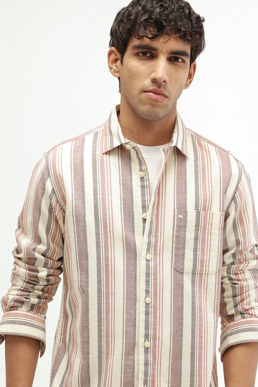 BASICS SLIM FIT BEIGE SAND COTTON HOPSACK STRIPE SHIRT