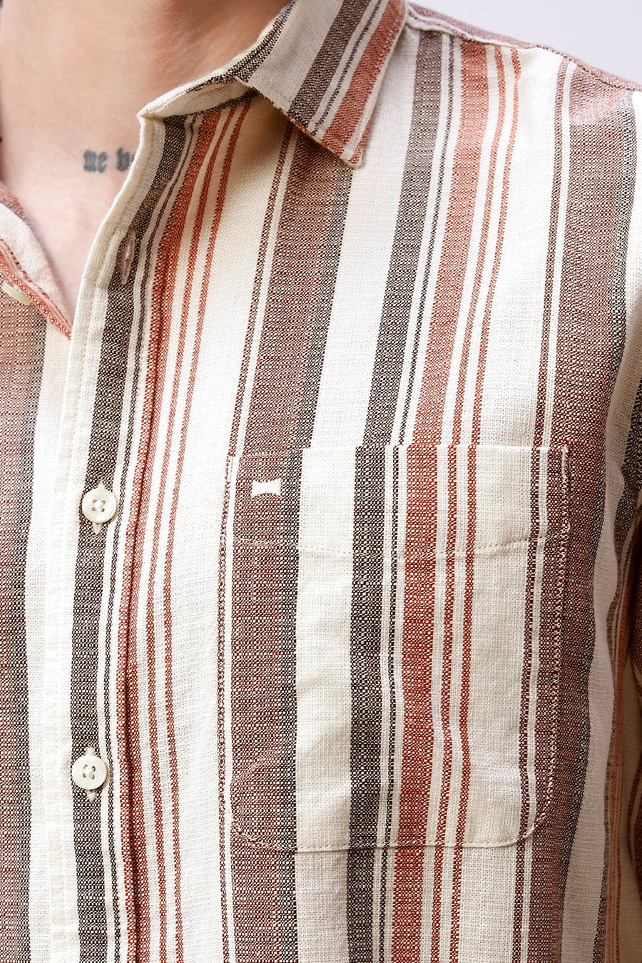BASICS SLIM FIT BEIGE SAND COTTON HOPSACK STRIPE SHIRT