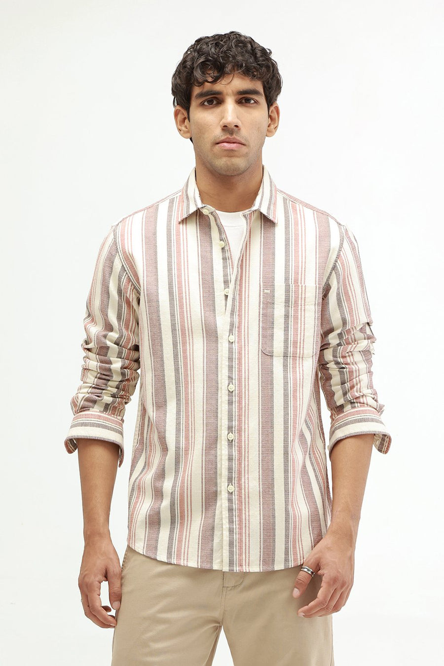 BASICS SLIM FIT BEIGE SAND COTTON HOPSACK STRIPE SHIRT