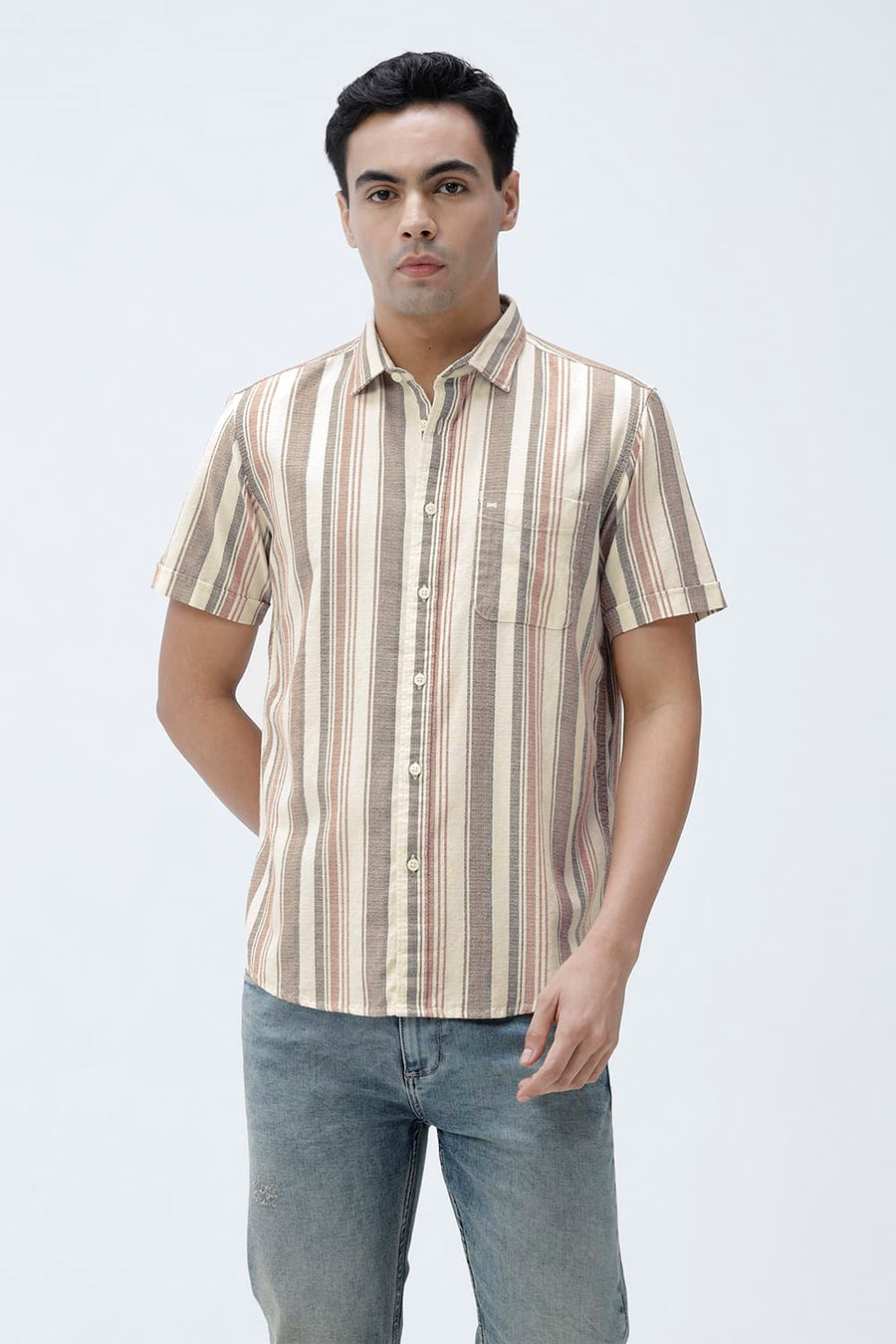 BASICS SLIM FIT BEIGE SAND COTTON HOPSACK STRIPE HALFSLEEVES SHIRT