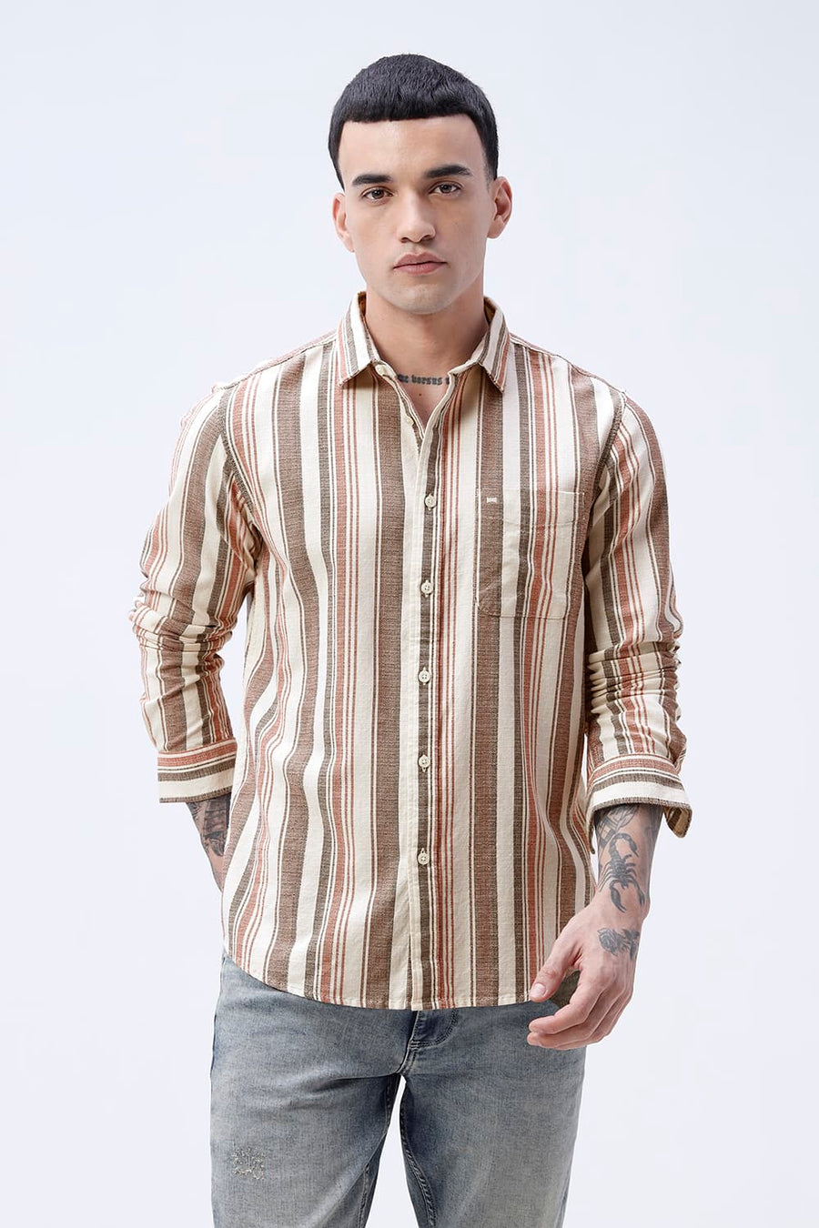 BASICS SLIM FIT BEIGE SAND COTTON HOPSACK STRIPE SHIRT
