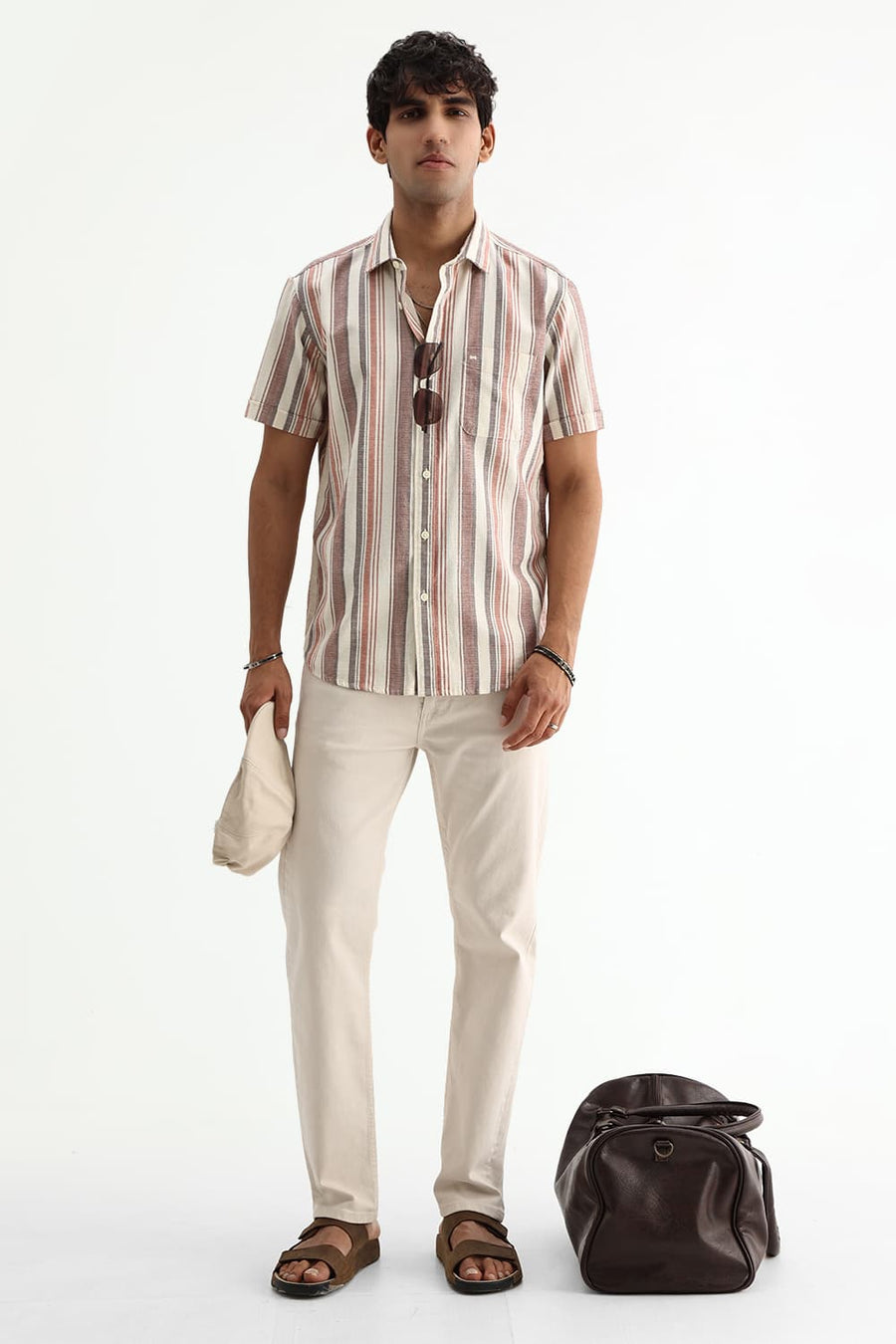 BASICS SLIM FIT BEIGE SAND COTTON HOPSACK STRIPE SHIRT