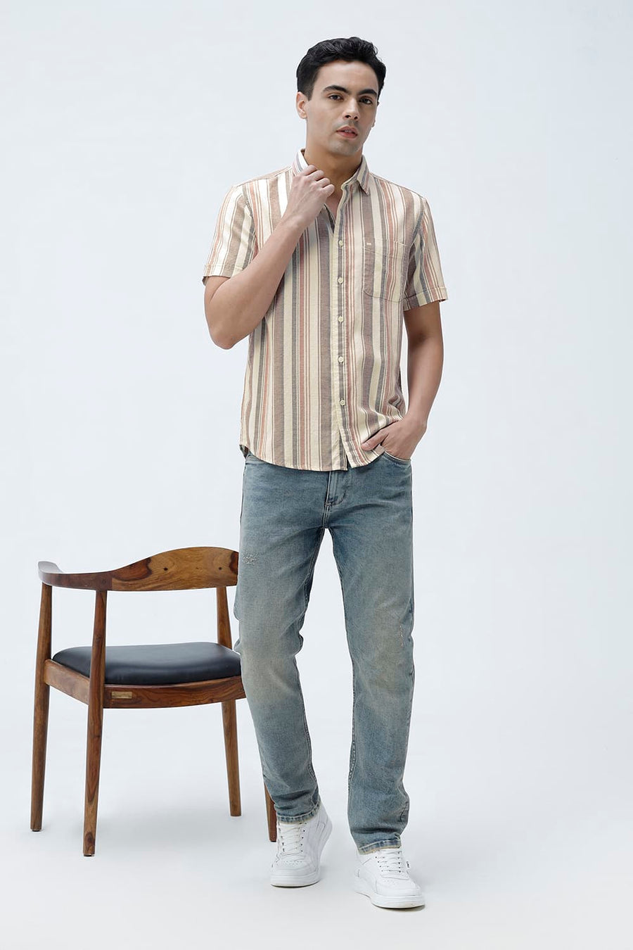 BASICS SLIM FIT BEIGE SAND COTTON HOPSACK STRIPE HALFSLEEVES SHIRT