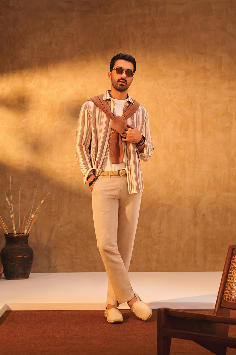 Basics Slim Fit Beige Sand Cotton Hopsack Stripe Shirt